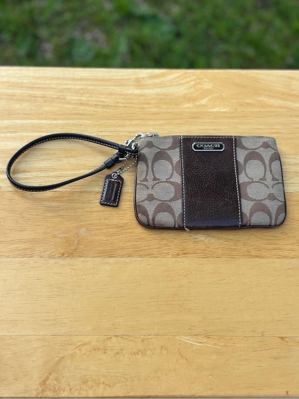 Coach Brown Signature Canvas Wristlet with Dark Brown Leather Trim